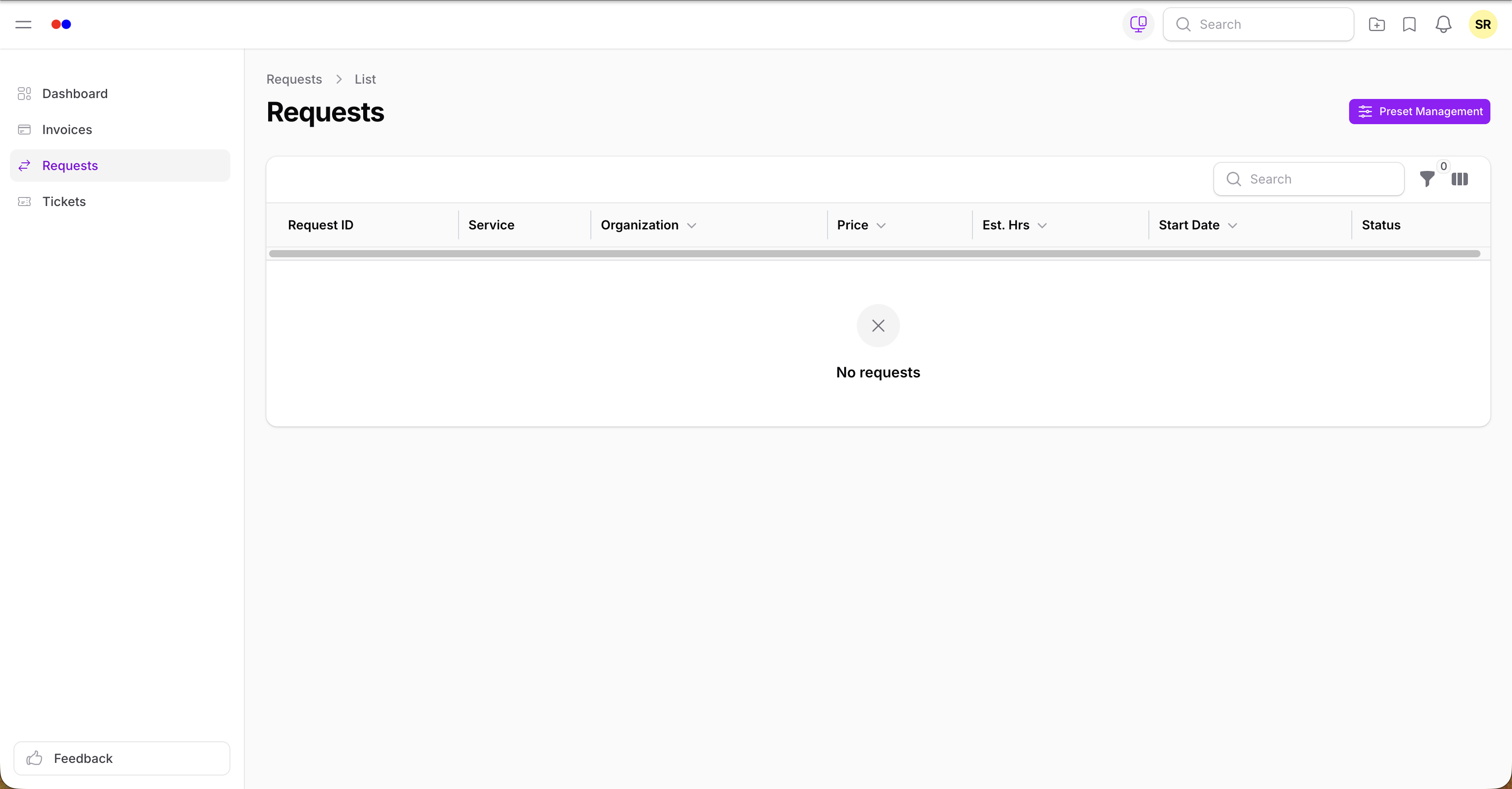 Client portal service requests list with stage and status