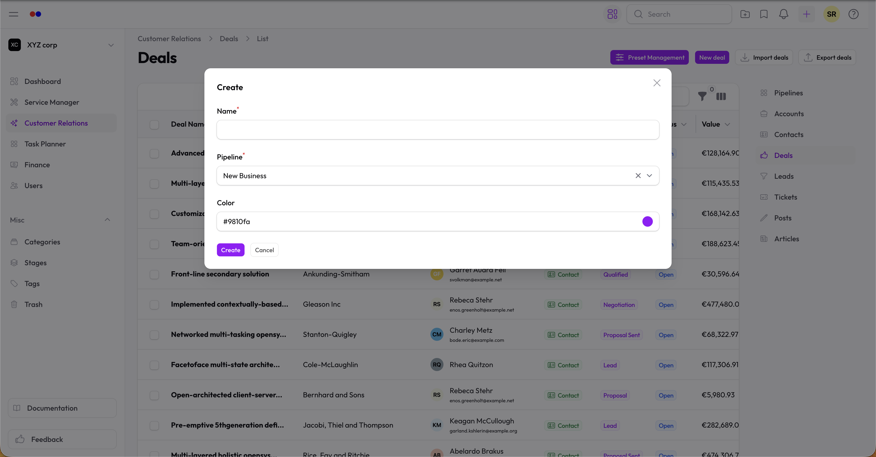 Deal view with interactions and comments section