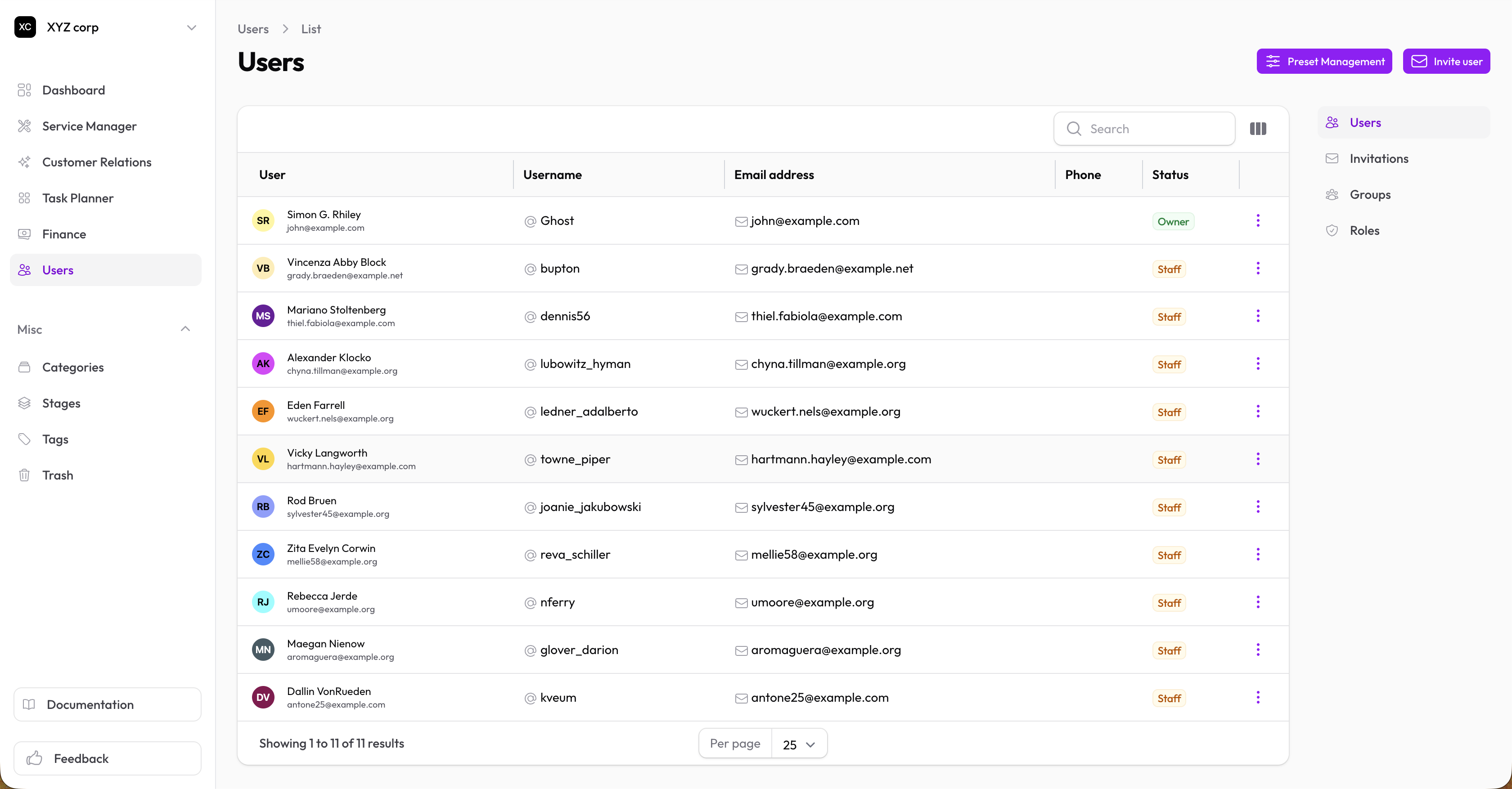 Invite user modal with email field, role select, and per-seat billing notice