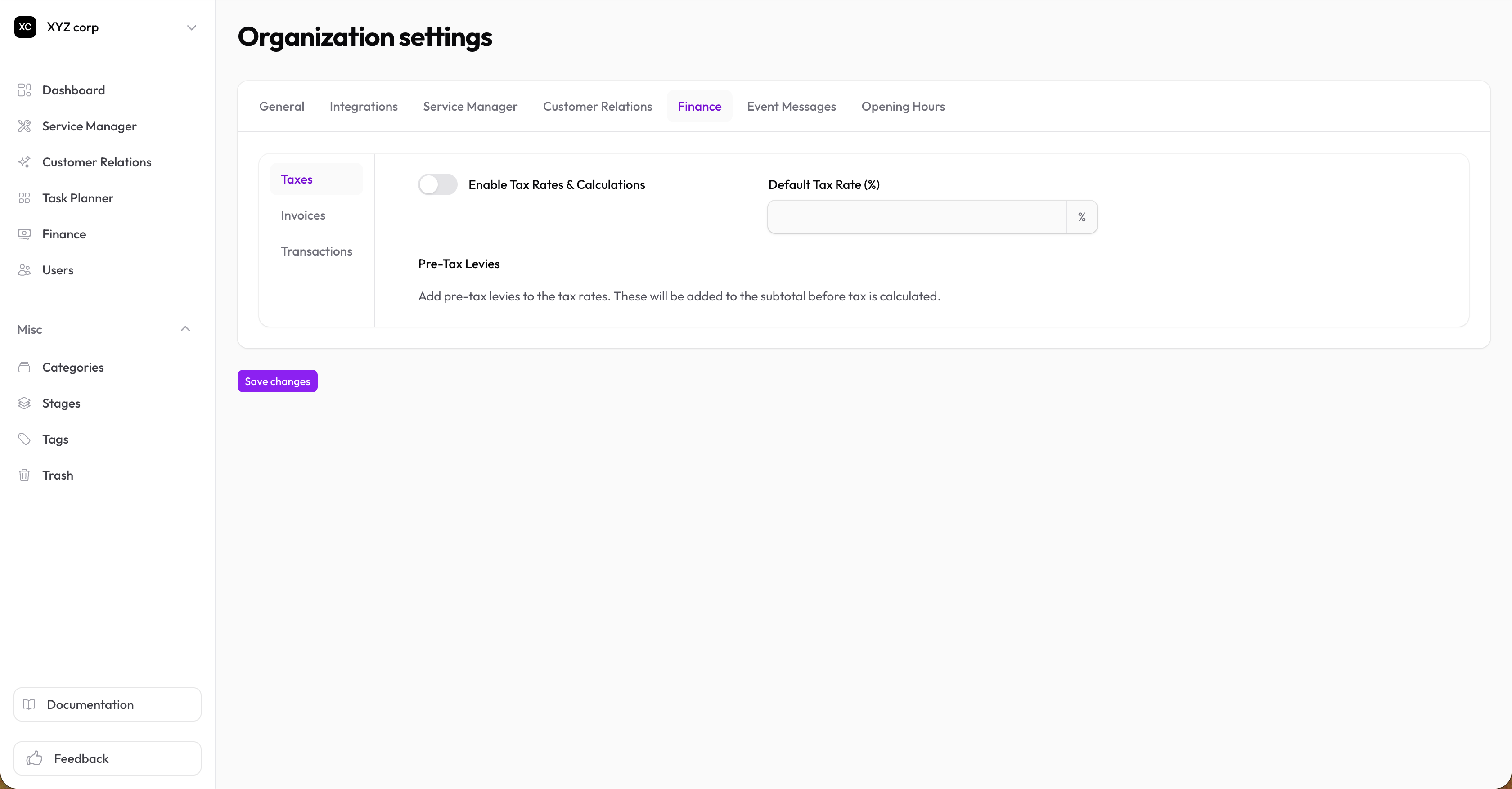Finance settings — Invoices tab with prefix, format, levies, and payment methods