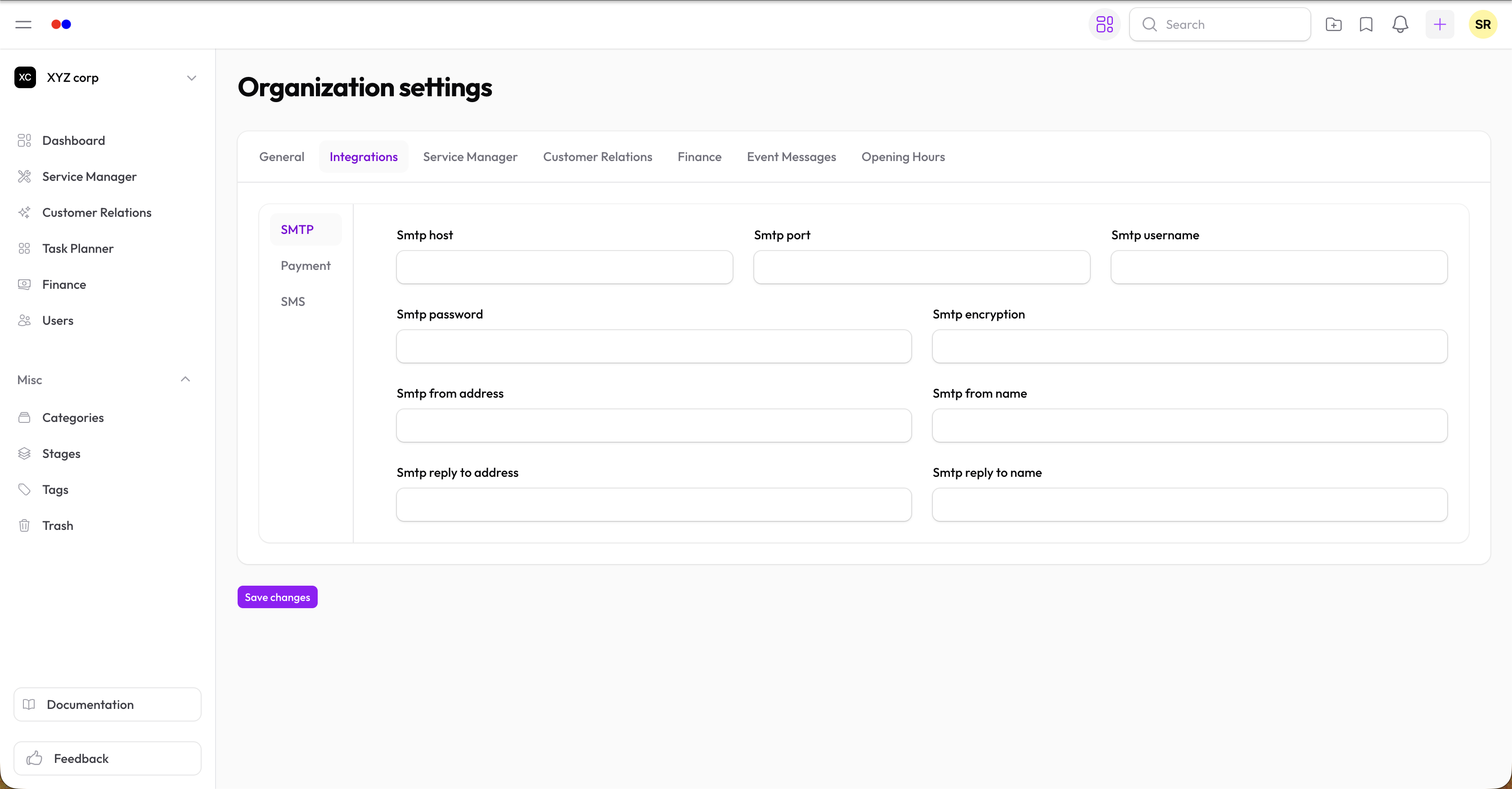 Integrations tab with payment gateways section