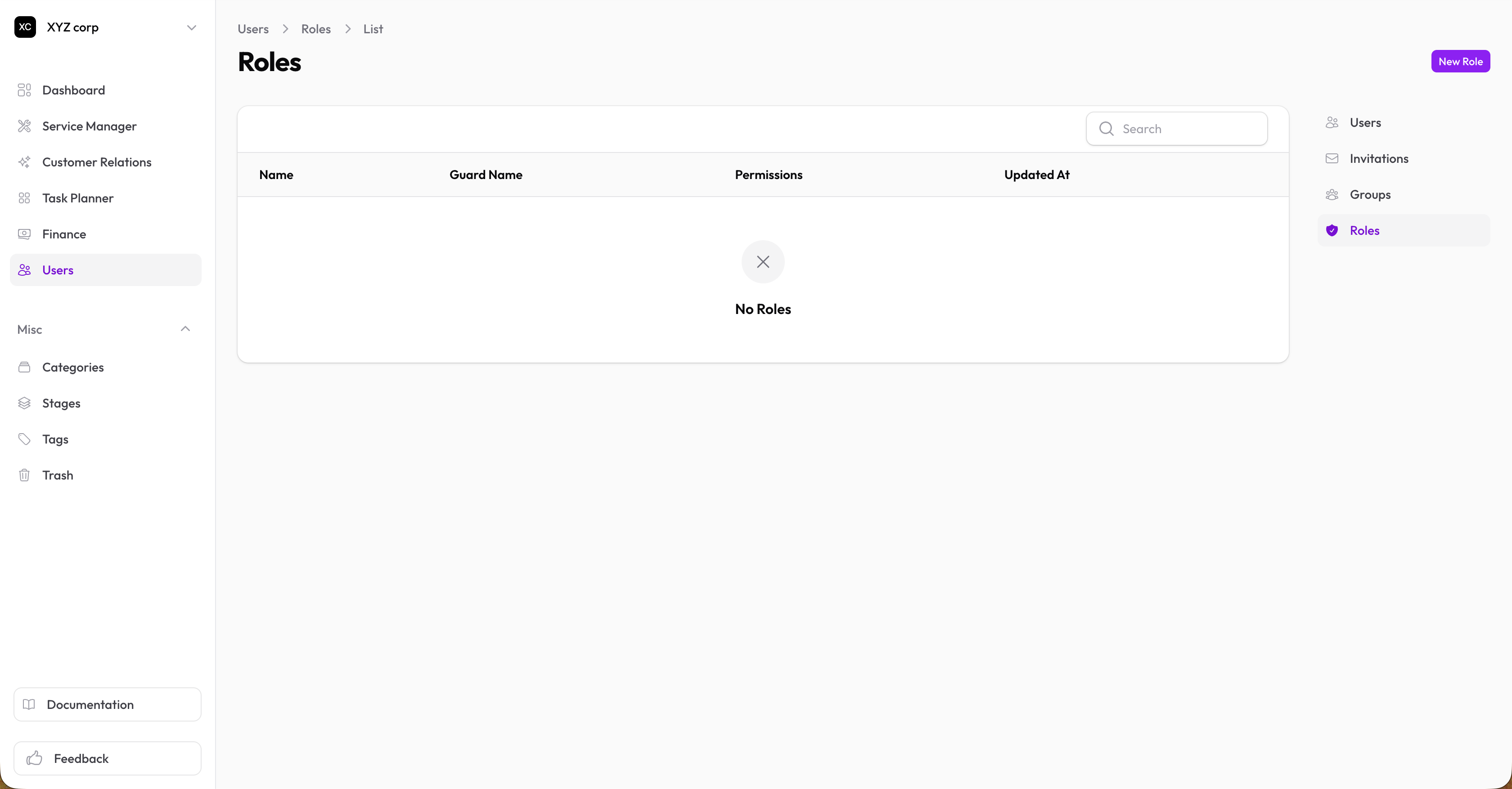 Roles and permissions page with role list and permission toggles