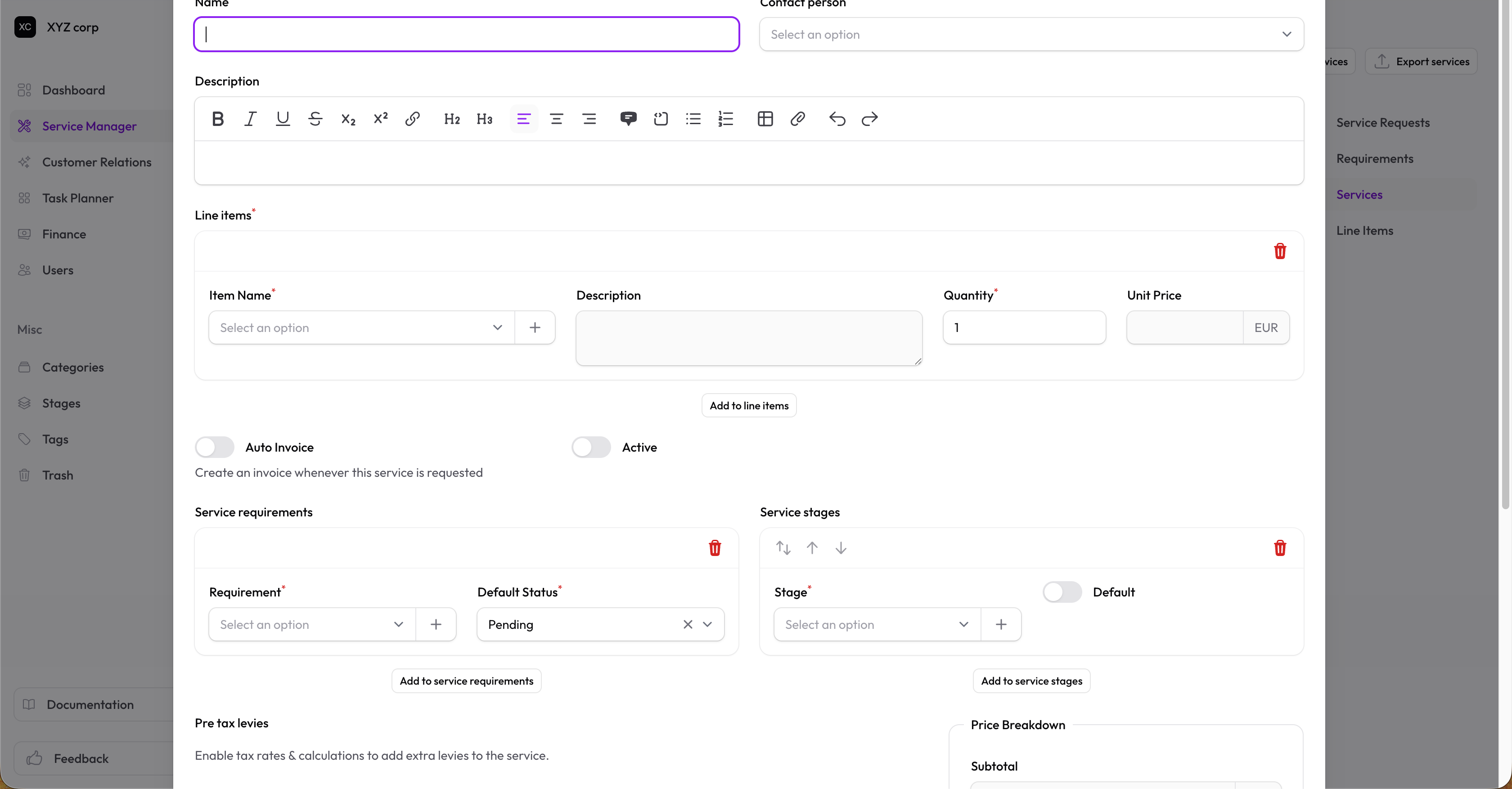 Service form — Line Items section with items added