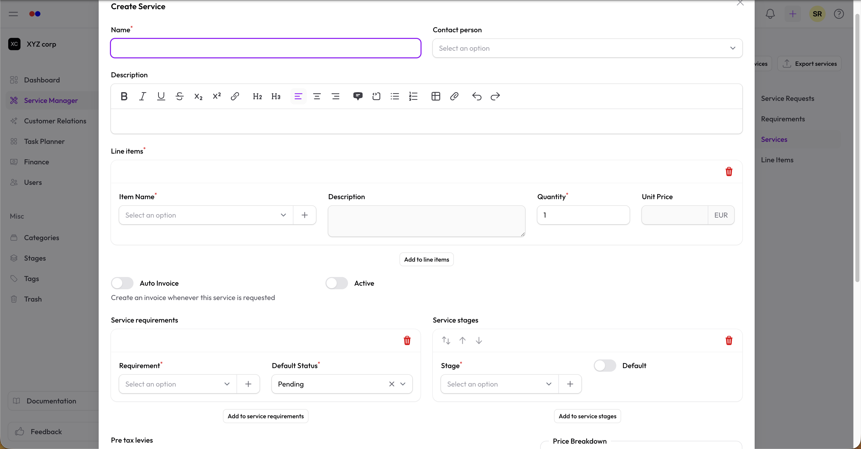 Service form — Requirements section with status dropdowns