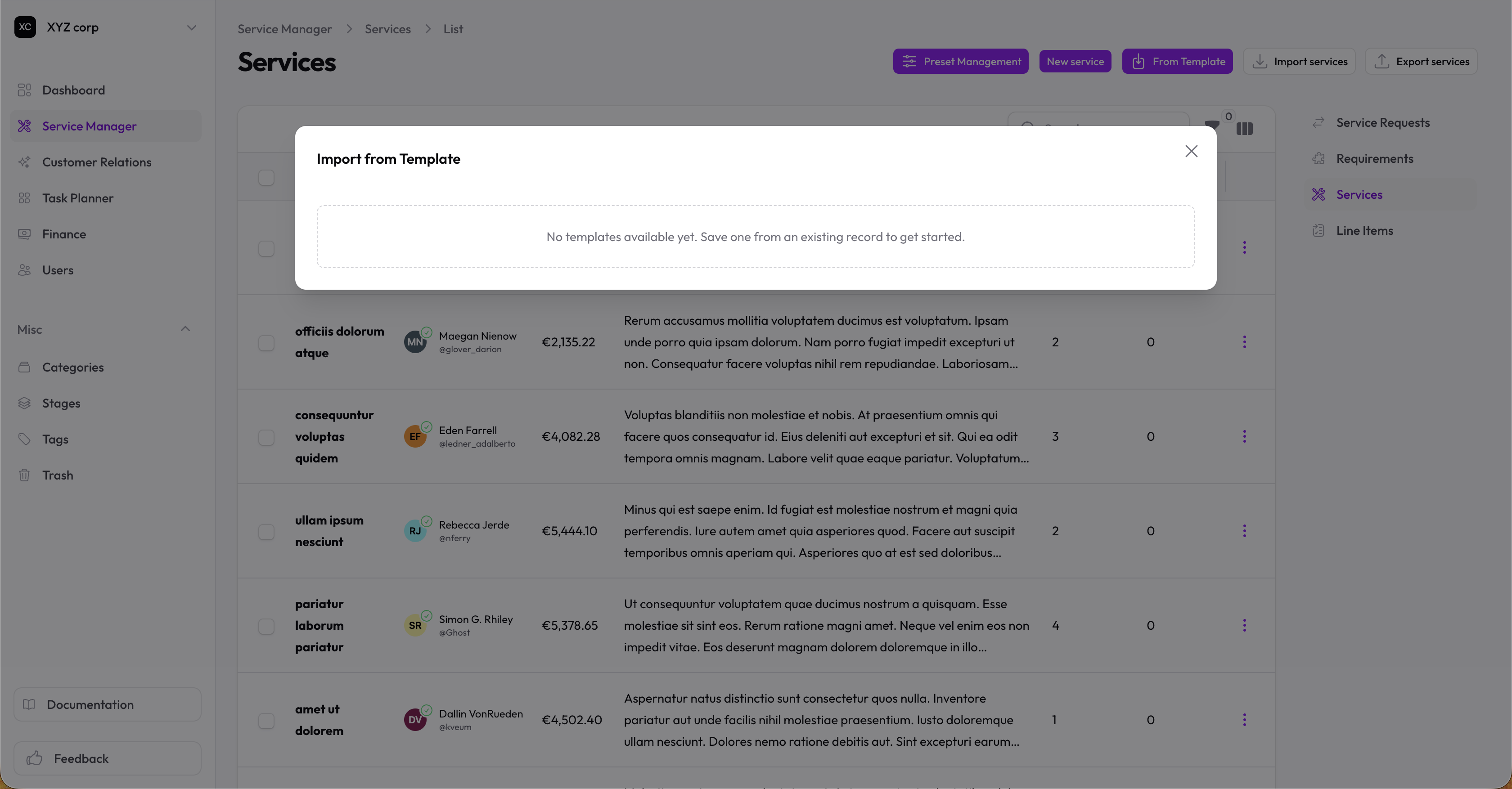 From Template picker modal