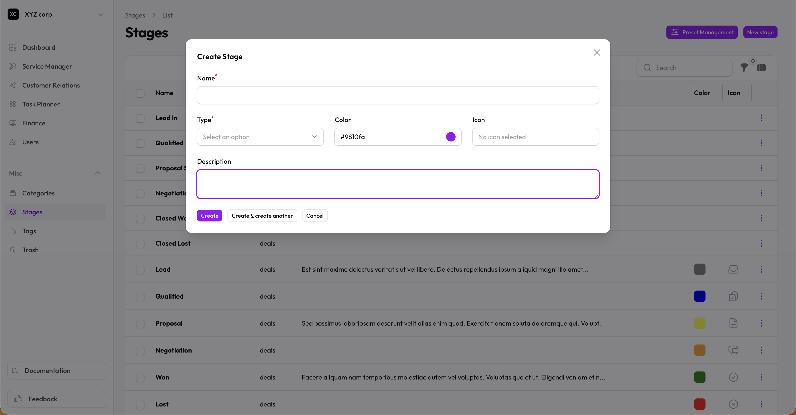 Stage form with type set to Deals — pipeline field visible and required