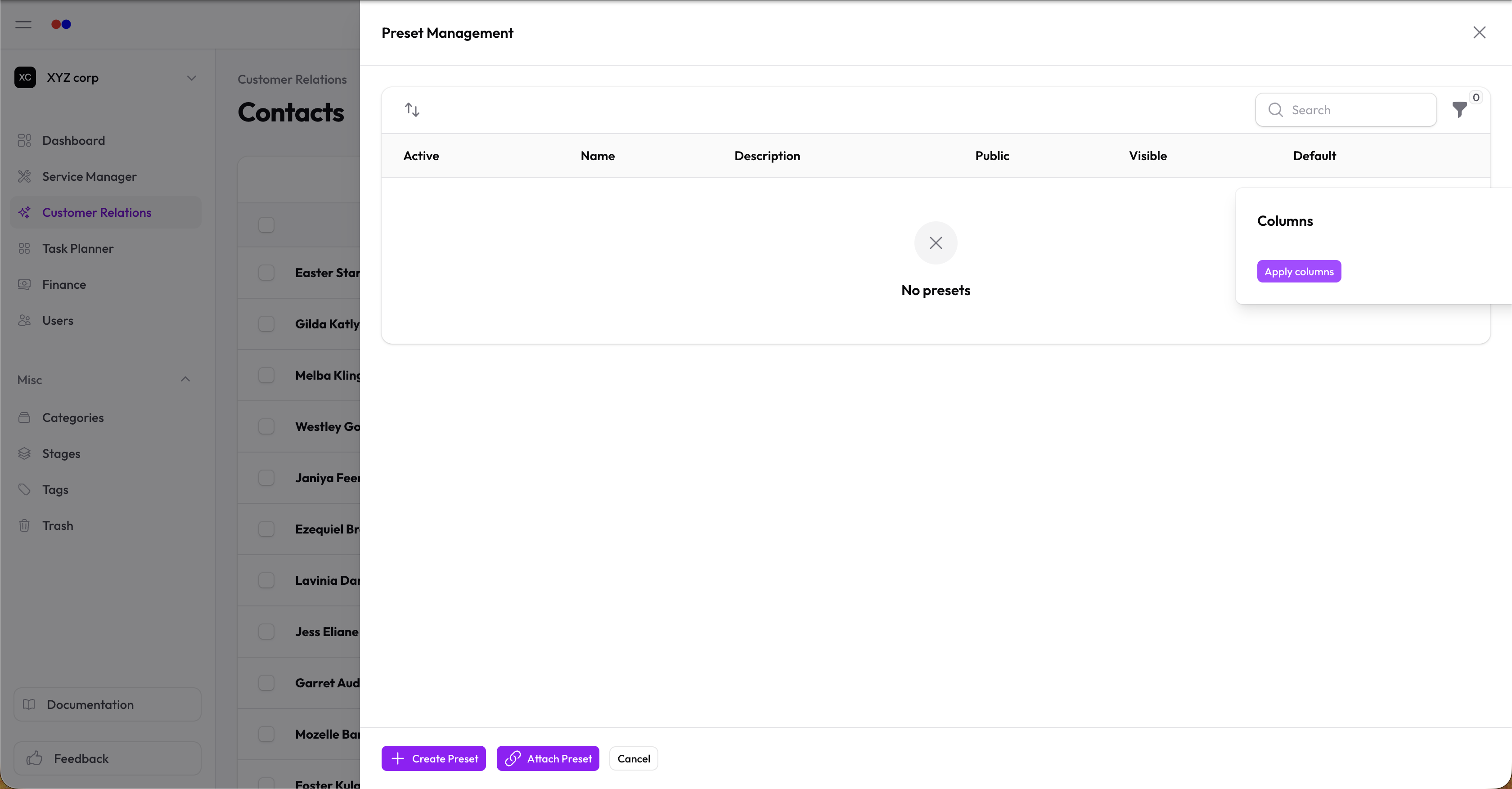 Presets popover with list of saved presets to apply