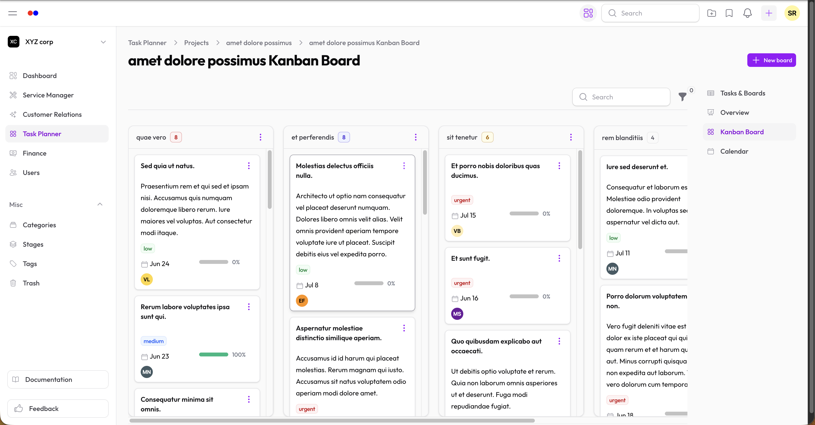 Board with filter bar open showing assignee and priority filters